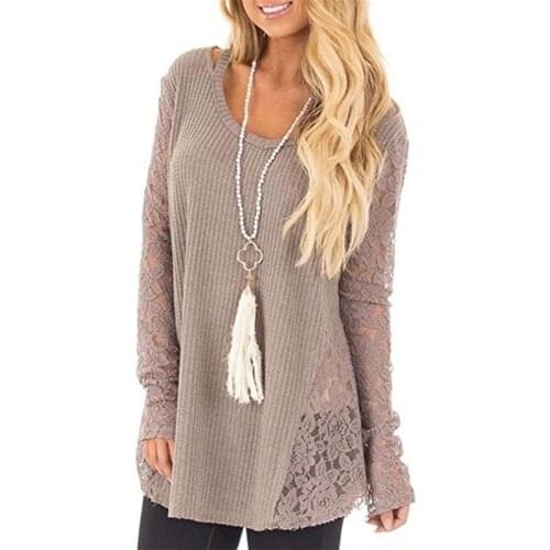 Autumn Women Sweaters Sexy Ladies O-neck Lace Stitching Tops Knitted Long Sleeve Jumpers Long Casual Pullovers