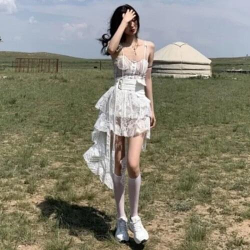 Sexy Dress Summer 2021 Womens New Korean Lace Double Ring Belt Irregular Suspenders Slimp A-line Dress