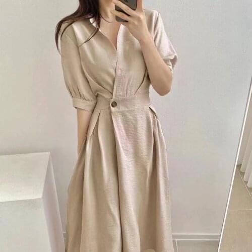 Temperament Korea Chic Slim A Line Single Button Lapel Short Sleeve Shirts Dress Pink Elegant Black Fashion OL Vestidos