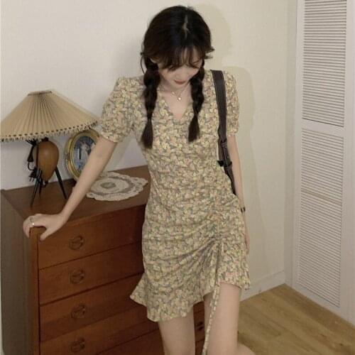 Dress Temperament Drawstring V-neck Short-sleeved Floral Dress Female Summer New Style Korean High-waist Short Skirt Dress