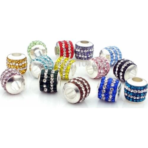 10PCS/Lot 11*11mm Mix Color Silver Plated Buckle Streak Rhinestone Beads Charms Fit for Pandora DIY Jewelry Bracelets Necklace