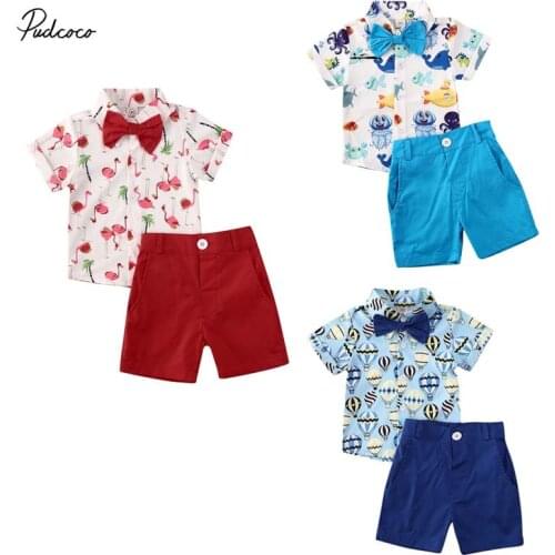 2020 Toddler Kids Baby Boy Gentleman Clothes Bow Tie Flamingo Shirt Tops Shorts Pants Formal Outfit Summer School Suit 2pcs