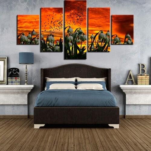 5 Pieces Tulips Canvas Posters Flowers And Birds Wallpapers Sunset Pictures Plants And Animals Painting For Home Decor Art