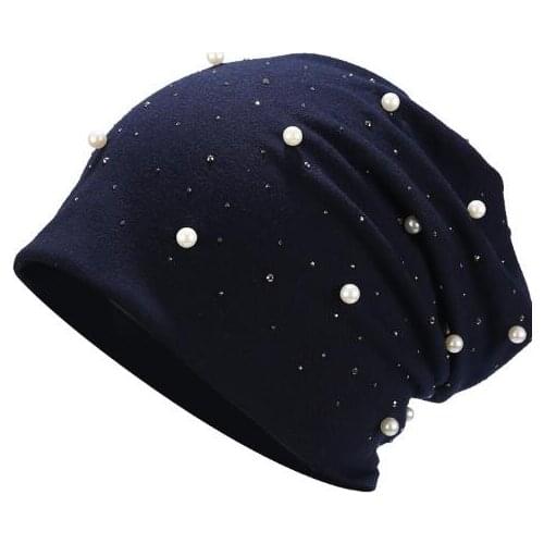 50pcs/lot korean style woman winter pearl rhinestone casual beanies female cotton outdoor candy color cap (good)