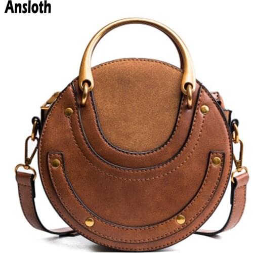 Ansloth Crossbody Bags For Women 2021 High Quality Retro Handbags Small Round Bag Rivet Shoulder Bags Female Bags Fashion HPS974
