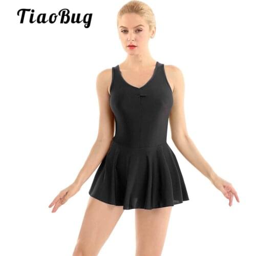 TiaoBug Adult Sleeveless V-neck Solid Color Women Ballet Tutu Gymnastics Leotard Dress Figure Skating Lyrical Dance Wear Costume