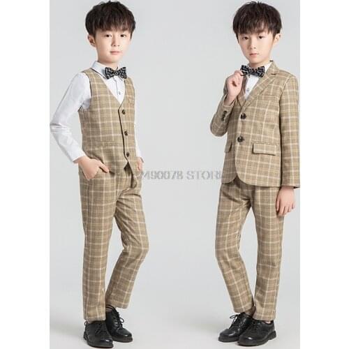 Brand Boys Girls Suit for Weddings Flower Boys Formal Tuxedo Blazer Jacket Vest Pants Tie 4PCS Children Prom Performance Costume