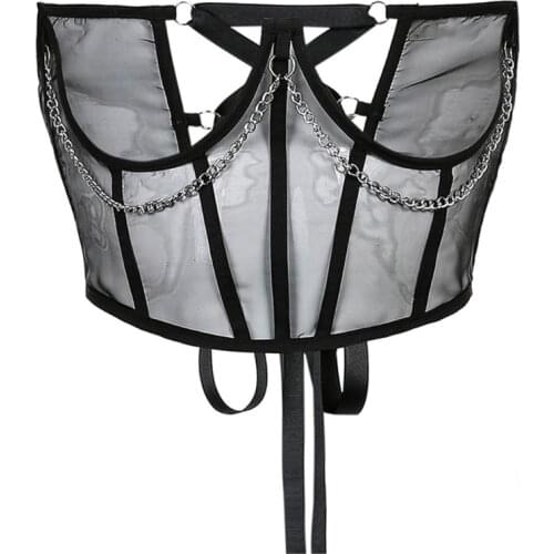 Gothic Punk Metal Chain Black Mesh Corset Bustier See-Through Waist Belt Shaper X7JB