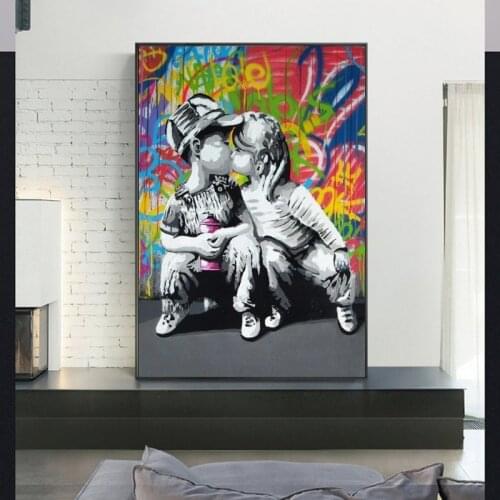 Kids Kiss Street Art Canvas Paintings On The Wall Art Posters And Prints Graffiti Art Canvas Pictures For Living Room Wall Decor