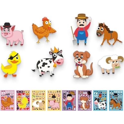 Kids Stickers Easy Remove Cute Cartoon Farmer Pig Creation Learning Education Toys Birthday Gifts Change Face Girl Boy Toys