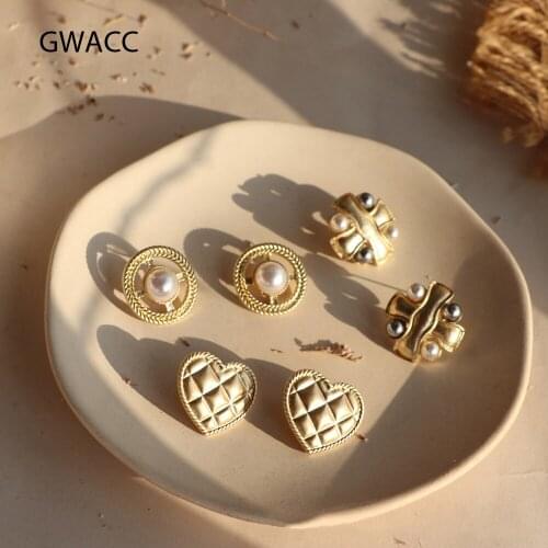 INKDEW Korean Pearl Heart Stud Earrings Geometry Irregular Cross Gold Matel Simple Stud Earrings For Women Statement Jewelry