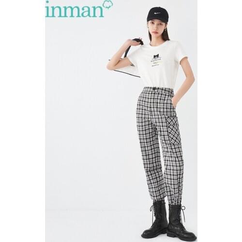 INMAN Summer Women Pants Casual Cool Style Elastic Back or Khaki Waist Plaid Stripes Large Pocket Small Cuffs All-Match Trousers