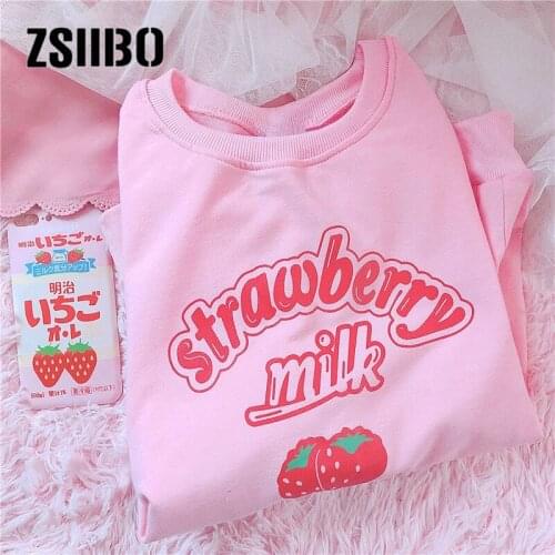 Kpop Korean Harajuku Kawaii Strawberry Letter Hoodie Sweatshirt Chic Cute Pink Sweatshirts clothing women 2020 Cute Tops