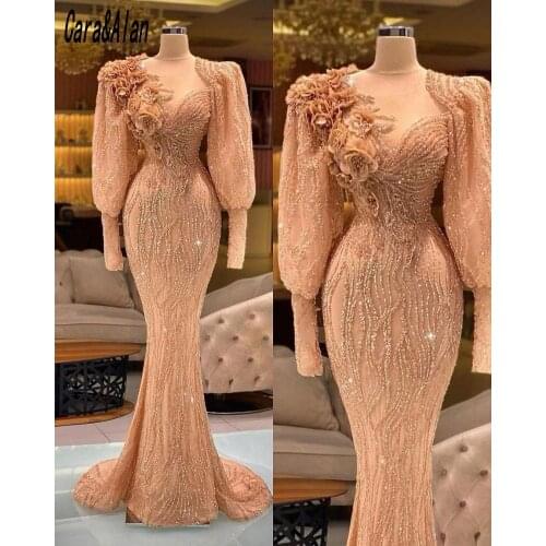 Kosovo Design Evening Dresses Long Sleeves Sheer Neck Beading Luxury Mermaid Prom Dress with 3D Floral Applqiue Party Gowns