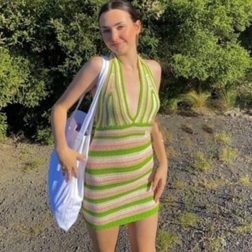 Summer Striped Knitted Dress Women Y2K Backless Sleeveless V-neck Stripe Beach Dress Vintage Mini Dress For Lady Vacation 2021
