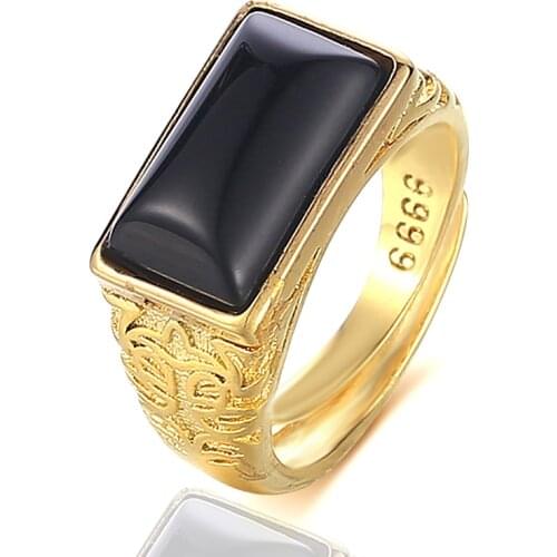 Black Stone Square Men Ring Gold Color Male Resizable Finger Jewelry