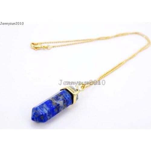 Natural Lapis Lazuli Gems Stones Hexagonal Pointed Healing Reiki Chakra Pendant Beads Gold17'' Chain Necklace 5 Sets/Pack