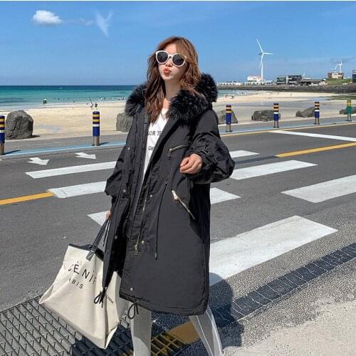 Winter New Loose Long Down Cotton Coat Women Korean Zipper Hooded Big Fur Collar Lace-up Slim Parka Jacket Outer Wear JD1760