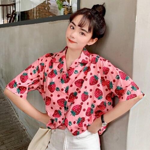 New Women Blouses Holiday Casual Short Sleeve Tops Ladies Strawberry Printed Shirt Korean Summer Fashion Women Clothing