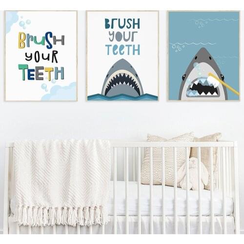 Toilet Bathroom Cartoon Canvas Painting Posters Prints Brush Your Teeth Quotes Shark Art Decorative Pictures Bathroom Decor
