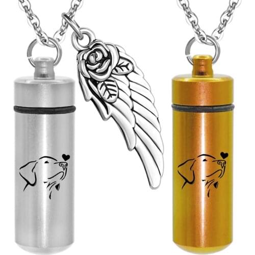 Gold Plated Dogs air kiss Engraved Cremation Urn Necklace Stainless steel Chain Ashes Keepsake Cylinder Locket Pendant