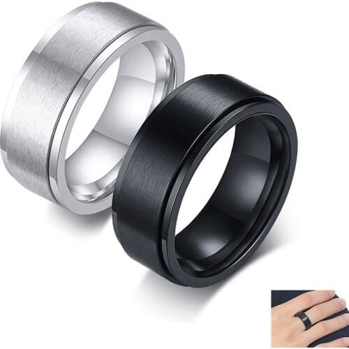 Simple 8MM Wide Silver Color Stainless Steel Mens Ring Black Rotatable Wedding Finger rings Gift jewelry