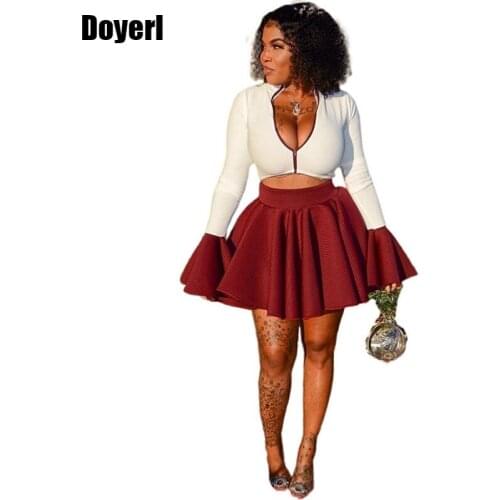 Plus Size Women Clothing Sexy Two Piece Set Party Club Outfits Flare Sleeve Zipper Crop Top and Mini Pleated Skirt Set for Women