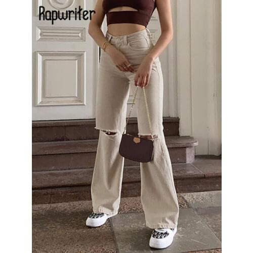 Rapwriter Causal Denim Pants y2k Distressed Ripped Hole Jeans Women Pocket High Waist Pants Straight Trousers 90s Autumn Costume