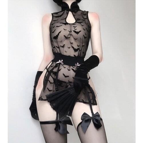 Sexy Women Lingerie Lace Cheongsam Night Dress See Through Cosplay Costume Dark Bat Sleepwear Outfit Erotic Devil Roleplay