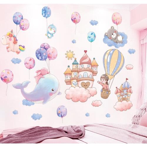 [shijuekongjian] Castles Girl Wall Stickers DIY Balloons Animals Mural Decals for Kids Room Baby Bedroom House Decoration