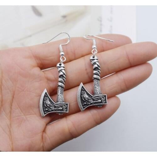 Nordic Viking Hammer Ax Pendant Earrings Scandinavian Slavic Wolf Raven Battle Axe Ear Jewelry