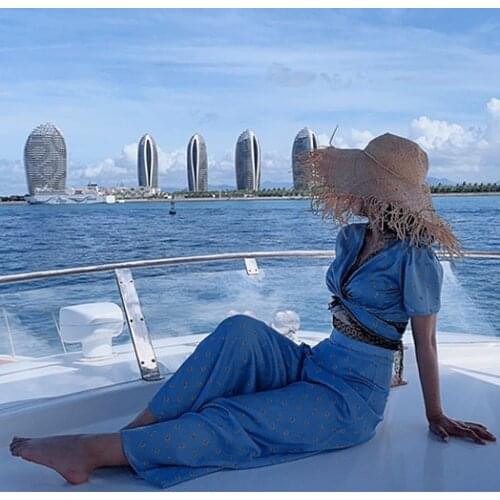 Dusky Blue Bee/Daisy Printed Lace Satin Crop Tops/Floaty Trouser 2 Pieces Wrap Blouse/Culottes Vacay High-Waist Wide-Leg Pants