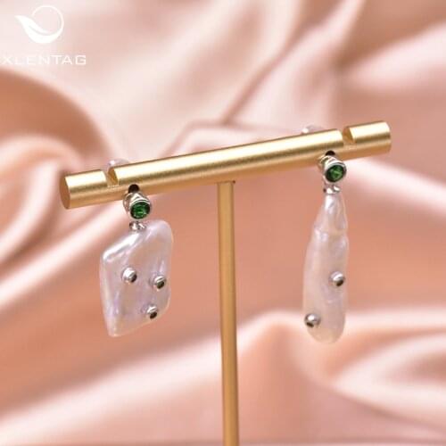 XlentAg Green Zircon Natural Geometric Baroque Pearl Drop Earrings Cute Wedding Party Gifts For Women Luxury Boho Jewelry GE0960