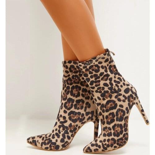 Womens Boots 2021 Autumn Fashion Leopard Suede Point Toe Thin Heel Boots Zipper Mid-calf Boots Retro Booties Botas De Mujer