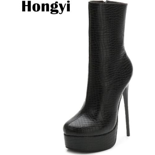 Factory Price Pu Leather Sexy Women Snake Skin Printed Thick Platform High Heels Winter Short Boots botas de mujer Size 45