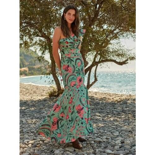 Women Green Floral Printed Single Sleeve Asymmetric Long Dress Spring Summer Beach Holiday Casual Bohemian Style Dresses 2021