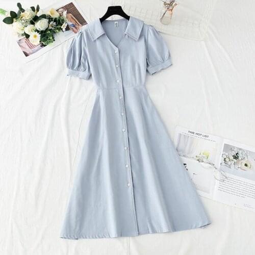 Vintage Solid Cotton Linen Women Dress 2021 New Summer Korean Style Puff Sleeve Party Long Dresses Single-breasted Vestidos