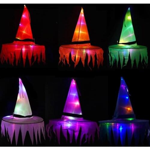 6pcs Halloween LED Luminous Witch Hat Glowing Witches Hat Headdress for Children Adult Party Costume Halloween Decoration Props