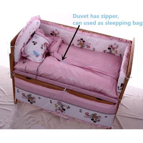 Promotion! 6PCS Cartoon Baby Bedding Set For Cot and Crib Reusable and Washable (3bumpers+matress+pillow+duvet)