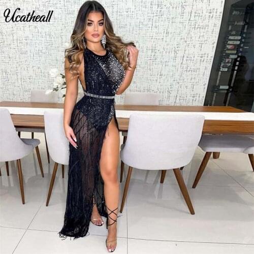 Sparkling Assel High Split Side Dresses For Women 2020 Fashion Night Birthday Sexy Women Sleeveless Bodycon Christmas Party Robe