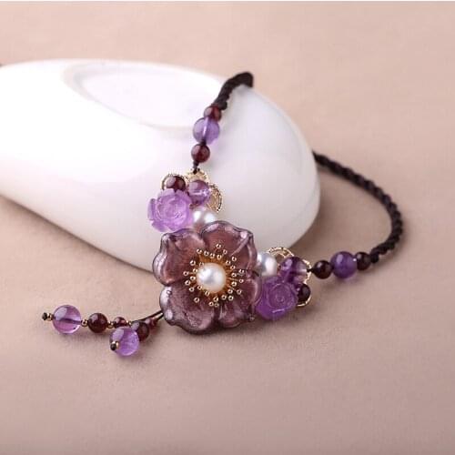 New Natural stone vintage Chinese classical Violet handmade woman girl Pendant Necklace Colar Collier Sweater chain