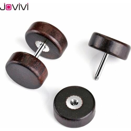 JOVIVI Fake Ear Expander Organic Wood Stainless Steel Ebony Blackwood Barbell Stud Mens Earring Fashion Ear Piercing Jewelry