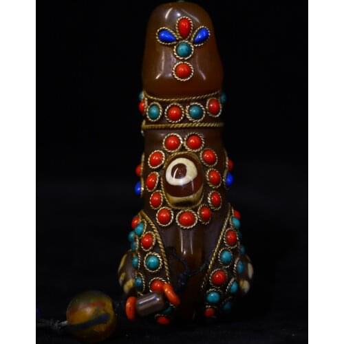 Tibet Temple Collection Old Natural agate Filigree mosaic Gem Dzi Bead Giant sun god statue genitals Pendant Town House Exorcism