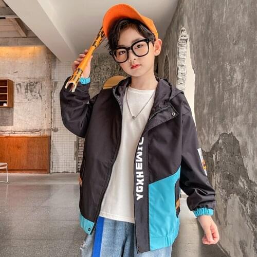Boys spring and autumn letter printing hooded jacket new medium and large childrens casual loose childrens wear 6-12 years old