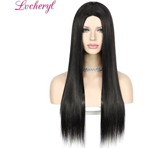 Lvcheryl Long Straight Machine Made Synthetic Wigs Simulated Scalp Black Color Fiber-Hair High Temperature Cosplay Party Daily