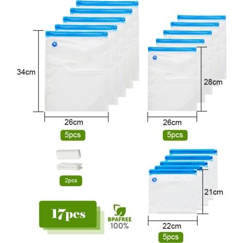 17 Pcs Reusable Vacuum Bag Food Storage Seal Bag Ziplock Freezer Bags Sous Vide Bags Packages for Food Fruit Storage Freezing