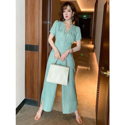 Trendy Button Waist Hugging V-neck Short Top + High Waist Slimming Drape Wide Leg Pants Suit, Female Fashion Summer New Style