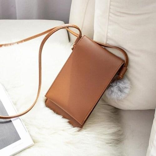 Fashion Ladies Hair Ball Phone Bag Simple Messenger Bags Buckle Small Square Tote Bag Womens PU Leather Messenger Bag