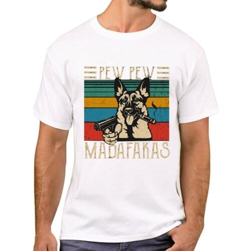 TEEHUB Funny Pew Pew Madafakas Men T-Shirt Hipster Vintage German Shepherd Pew Printed T Shirts Short Sleeve Tshirts Boy Tee