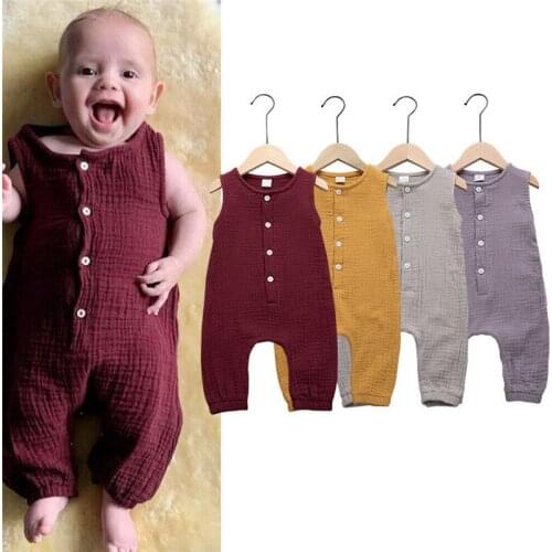 Newborn Baby Boy Girl Cotton Romper Summer Casual Sleeveless Button Tank Jumpsuit Solid Sunsuit Unisex Baby Cotton Clothes